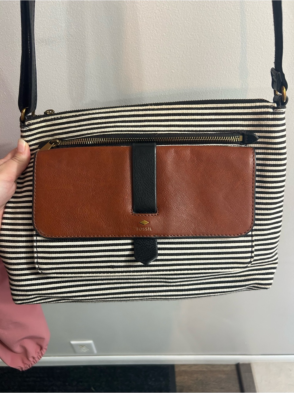 Fossil Striped Crossbody Bag with Brown Leather Flap